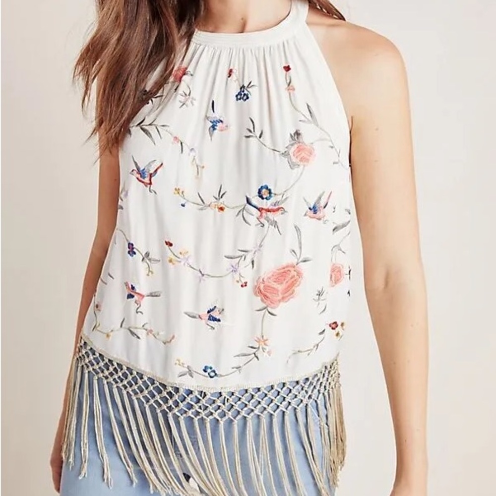 Anthropologie Gatsby Embroidered Floral Bird Halter Top 0